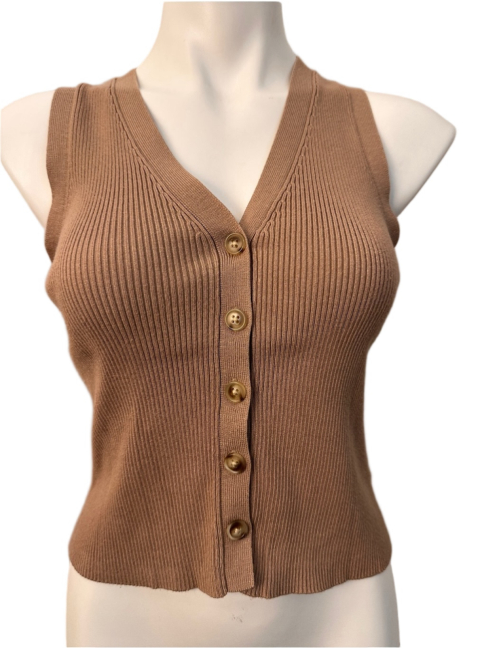 Marled Ribbed Button-Front Tank Top - Camel Brown